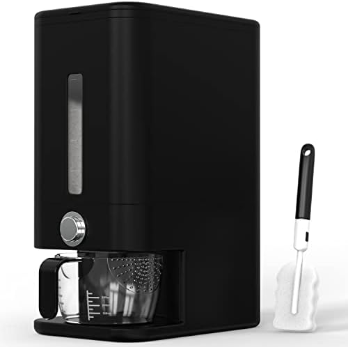 Rice Dispenser - 26.5 lbs Rice Storage Container with Measuring Cup, Rice Scoop & Sponge – Large Cereal Grain Bucket with Scale for Kitchen Pantry Organization, BPA-free, Airtight (Black)