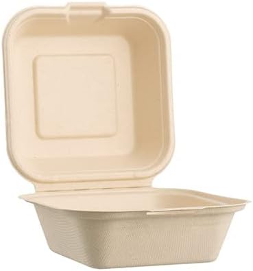 [50 COUNT]Harvest Pack 6 X 6" Compostable Clamshell Take Out Food Containers, PFAS FREE Square To go Containers with Lids, Heavy-Duty Disposable Bagasse Bento Cake Box, Eco-Friendly Sugarcane Fibers