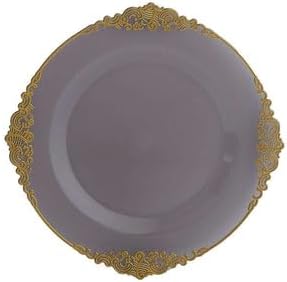 Efavormart 10 Pack | 8" Translucent Black and Gold Baroque Dessert Plates, Leaf Embossed Metallic Rim Heavy Duty Appetizer Plates for Edgy Social Events