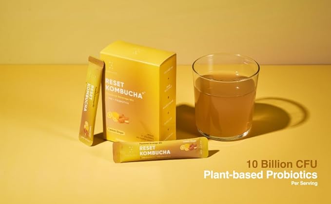 Everydaze Reset Kombucha Tea Powdered Beverage Mix | 10 Sticks | Prebiotics + Probiotics | Vegan | No Added Sugar, Gluten Free, Sparkling Powder Drink Pack (Lemon Ginger)