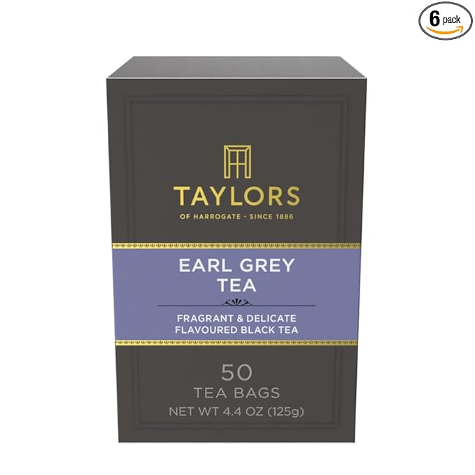 Taylors of Harrogate Earl Grey, Black Tea, Pillow Bags, 50 Count (Pack of 6), Fragrant, Delicate & Light, Caffeinated, Enjoy Hot or Iced, 300 Teabags Total