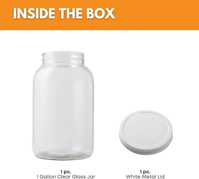 FastRack - 1 Gallon Jar with White METAL Airtight Lid | Glass Canisters with Airtight Lids | Large Glass Jar with Fermentation Lid for brewing, fermentation and pickling