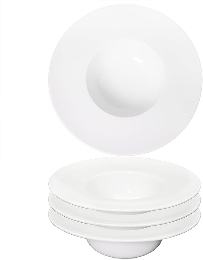 Soup Bowl, Soup Plate with Rim 12 oz, Pasta Bowl Set of 4, White Shallow Bowl Plate, Ceramic Wide Rimmed Soup Bowl, Best choice for high-end restaurants, hotels, and foodies, 8.86 Inch