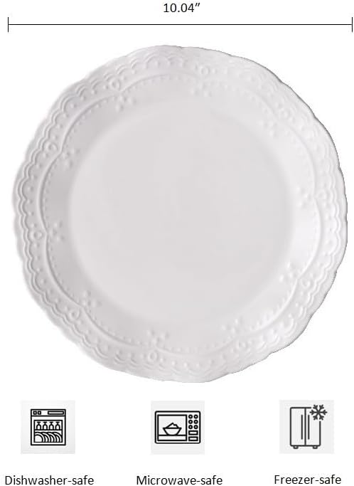 10 Inch Porcelain Dinner Plates Set of 6,Serving Dishes,White,Embossed,Heat Resistant,Scratch Resistant,Highly Glossy Glaze,Dishwasher safe,Microwave safe (Picapica 10'')