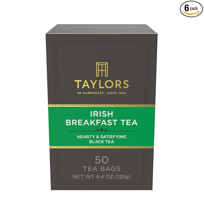 Taylors of Harrogate Irish Breakfast, Black Tea, Pillow Bags, 50 Count (Pack of 6), Rich, Bright & Malty, Caffeinated, Enjoy Hot or Iced, 300 Teabags Total