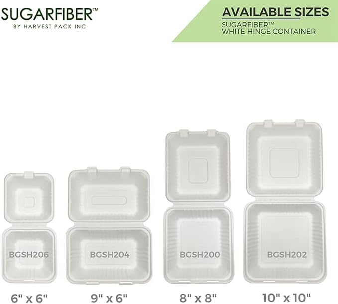 [50 COUNT]Harvest Pack 6 X 6" Compostable Clamshell Take Out Food Containers, PFAS FREE Square To go Containers with Lids, Heavy-Duty Disposable Bagasse Bento Cake Box, Eco-Friendly Sugarcane Fibers