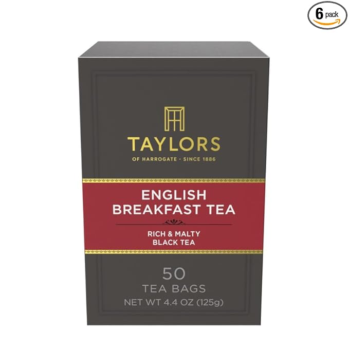 Taylors of Harrogate English Breakfast, Black Tea, Pillow Tea Bags, 50 Count (Pack of 6), Rich, Bright & Malty, Caffeinated, Enjoy Hot or Iced, 300 Teabags Total