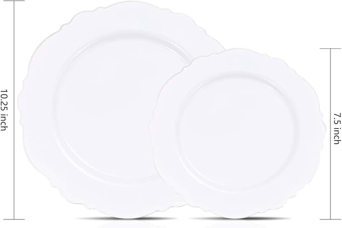 WDF 100pcs Silver Plastic Plates - High-end Baroque Design - Heavy Duty White &Silver Plates for Christmas Upscale Parties &Wedding