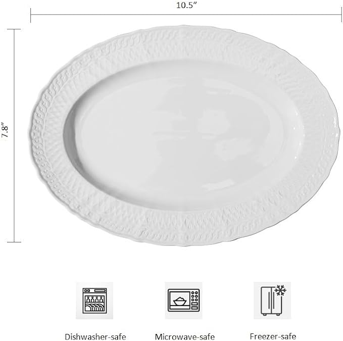 10.5 Inch Porcelain Oval Platters Set of 4,Serving Plates,White,Embossed,Heat Resistant,Scratch Resistant,Highly Glossy Glaze,Dishwasher safe,Microwave safe (Moonshine Oval 10.5'')