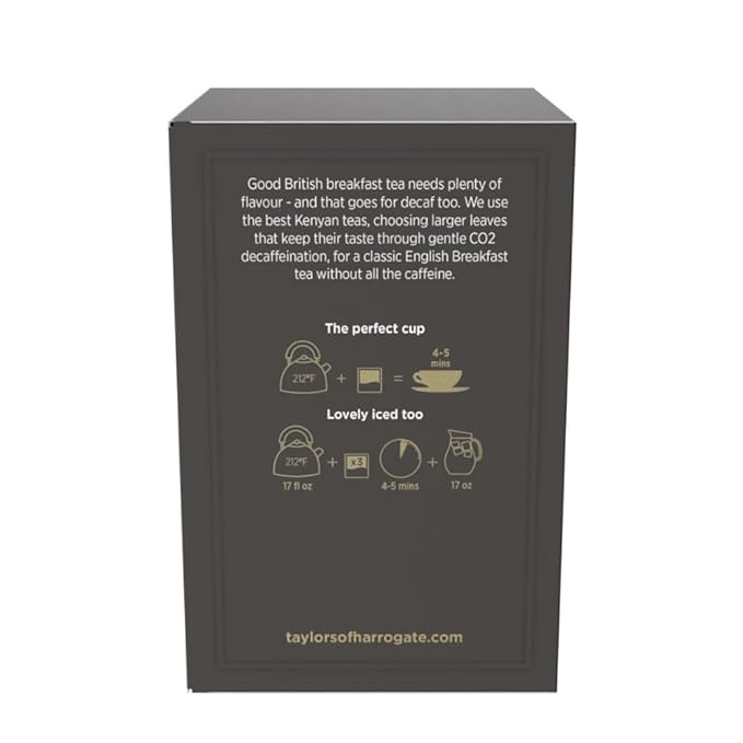 Taylors of Harrogate Decaffeinated Breakfast, Black Tea, Pillow Bags, 50 Count (Pack of 6), Rich, Bright & Balanced, Decaffeinated, Enjoy Hot or Iced, 300 Teabags Total