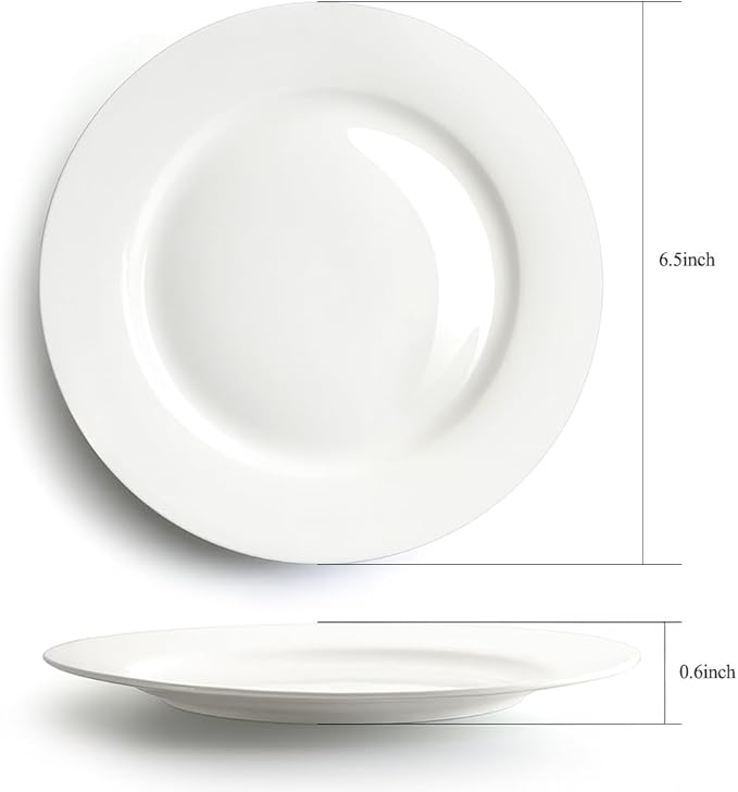 IQCWOOD 6.5 Inch Fine Bone China Plates 6-Piece, Flate Dessert Salad Appetizer Plate, Fine Glaze With Pure White Color, Thin Thickness and Light Weight, Microwave and Dishwasher Safe