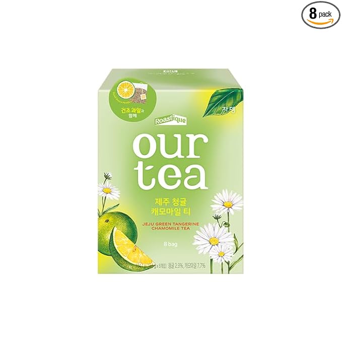 ROASTIQUE Jeju Green Tangerine Chamomile with Real Dried Fruit – Premium Orgainc Tea Sweet Fruit Blend Hot or Iced Tea Eco-friendly PLA bags, 8 Tea Bags