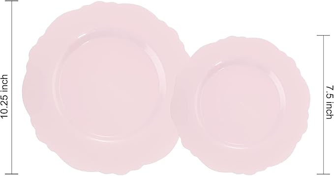 WDF 60pcs Pink Plastic Plates - Baroque Pink Disposable Plates Including 30 Dinner Plates 10.25inch, 30 Dessert Plates 7.5inch for Upscale Wedding/Baby Shower/Spring