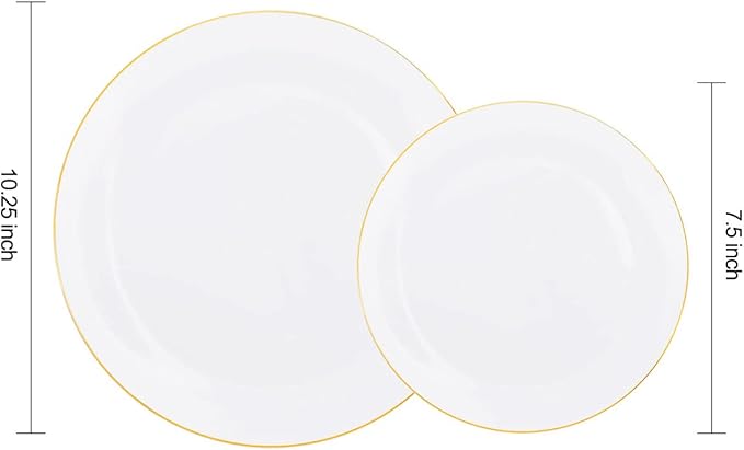 KIRE 60PCS Gold Plastic Plates - Heavy Duty White Disposable Plates with Gold Rim - Include 30Pieces 10.25inch Dinner Plate and 30Pcs 7.5inch Dessert Plate for Wedding/Spring/Graduation/Party