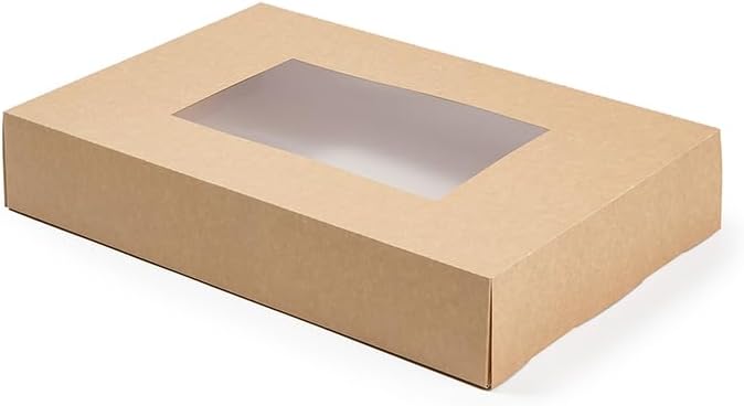 Restaurantware-17.7 x 12.2 x 3.2 Inch Catering Trays, 10 Grease-Resistant Catering Boxes - Cover With Window Included, Side Lock, Kraft Paper Catering Food Containers, Inserts Sold Separately