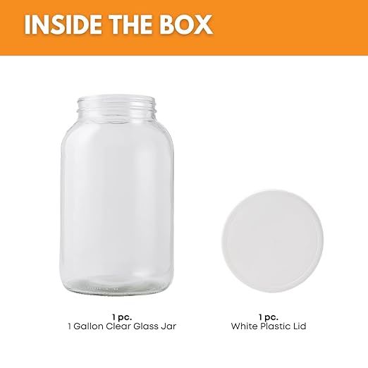 FastRack 1 Gallon Mason Jar with White Airtight Lid | Regular Glass Canisters with Airtight Lids | Large Mouth Glass Jar for Food Storage, Canning, Fermentation, Pickling