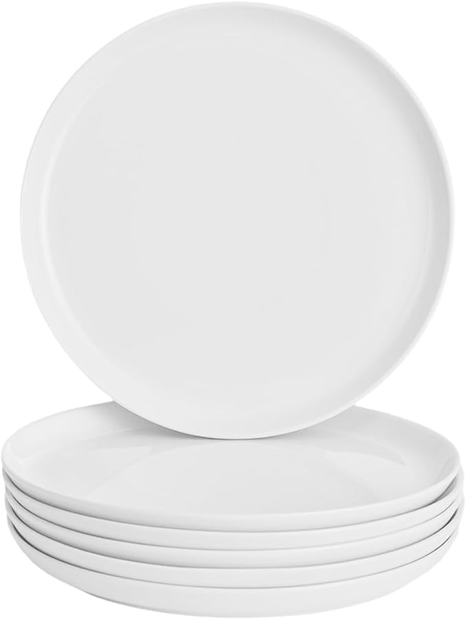 WishDeco White Dinner Plates Set of 6, Porcelain Salad Plates 9 Inch, Modern Kitchen Plate, Round Serving Dishes, Microwave and Dishwasher Safe, Scratch Resistant, Smooth Glaze