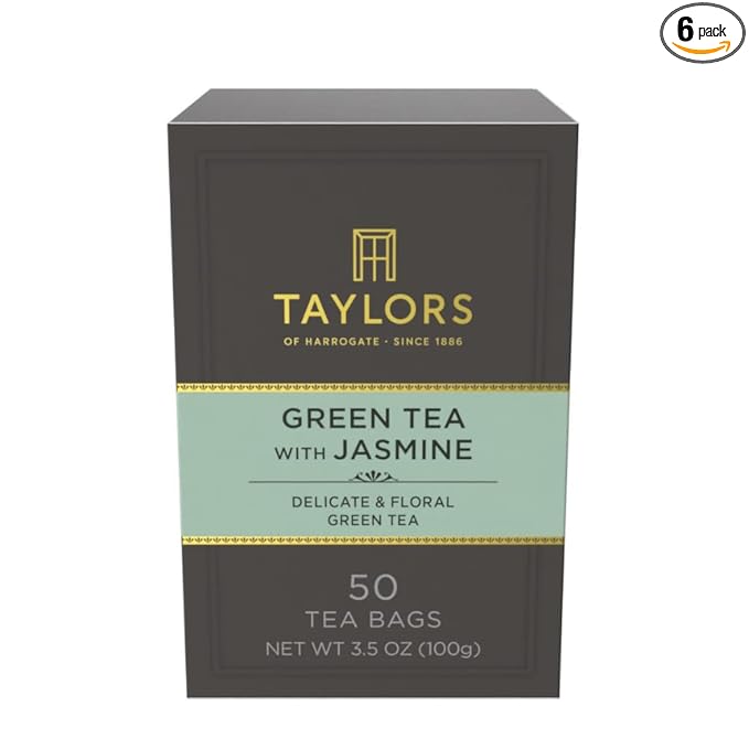 Taylors of Harrogate Green Tea with Jasmine, Pillow Tea Bags, 50 Count (Pack of 6), Delicate, Floral and Sweet, Caffeinated, Enjoy Hot or Iced, 300 Teabags Total