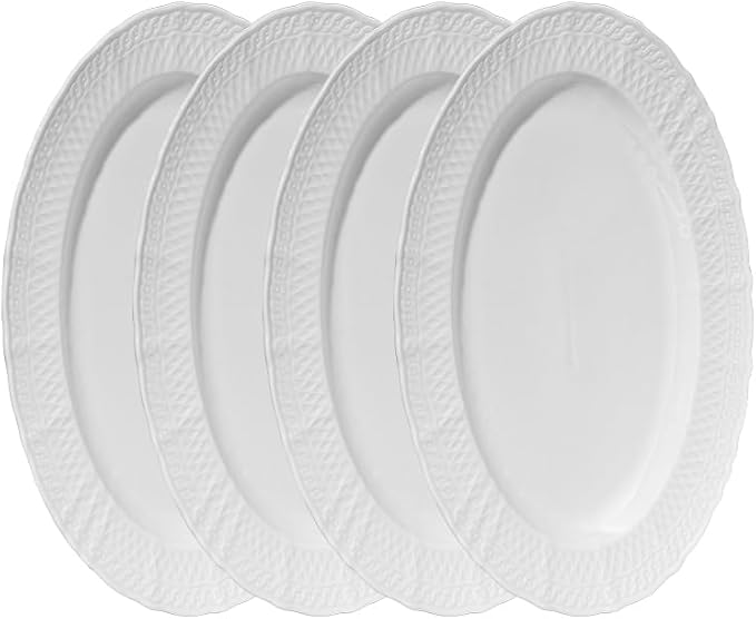 10.5 Inch Porcelain Oval Platters Set of 4,Serving Plates,White,Embossed,Heat Resistant,Scratch Resistant,Highly Glossy Glaze,Dishwasher safe,Microwave safe (Moonshine Oval 10.5'')