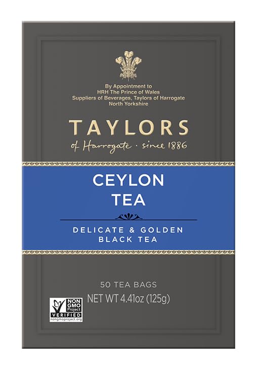 Taylors of Harrogate Pure Ceylon, Black Tea, Pillow Bags, 50 Count (Pack of 1), Bold, Bright & Brisk, Caffeinated, Enjoy Hot or Iced, 50 Teabags