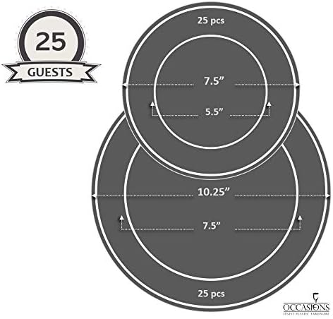 OCCASIONS 50 Pack (25 Guests) Heavy Duty Fancy Disposable Plastic Plates Set - 25x10.25'' Dinner + 25x7.5'' Dessert Plates for Wedding, Party, Birthday, Bridal Shower, BPA Free (Portofino Plain White)