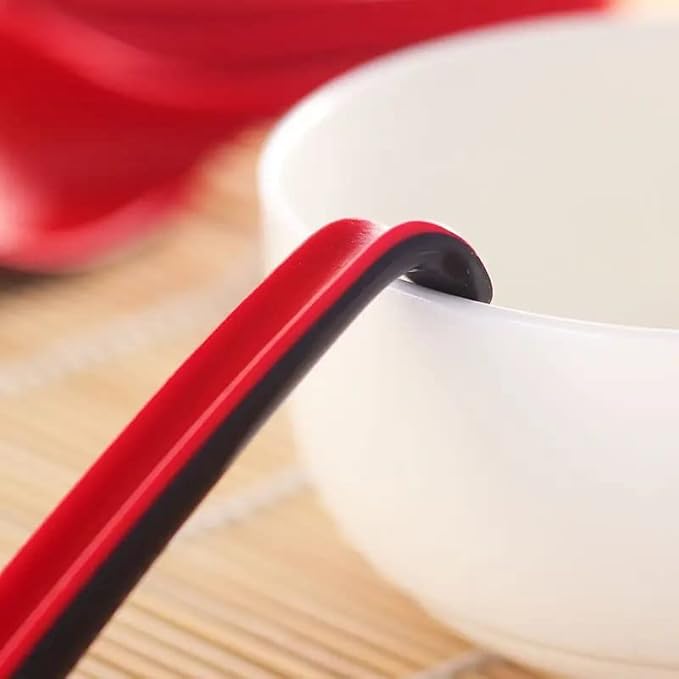 2 Pack - Red and Black 6.5-inch Asian Soup Spoon with Hook– Fuji Chinese Japanese Korean Style Spoon, Perfect for Melamine Won Ton Rice Pho Soba & Ramen Noodle Soups
