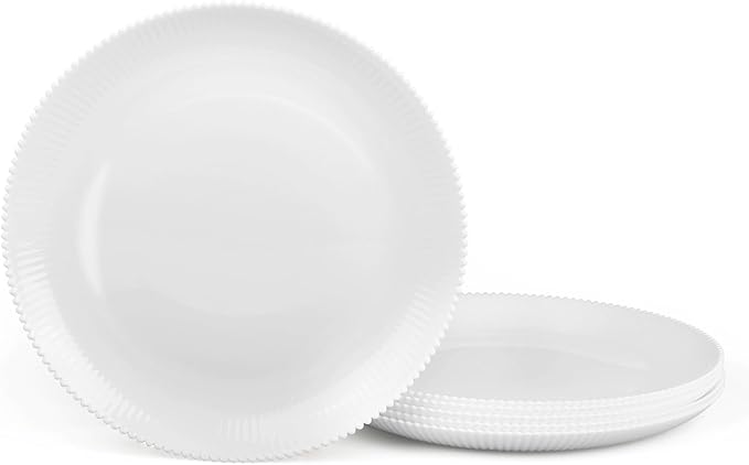 LaGlint 10.5 inch Ribbed Dinner Plate Set of 6, Round Opal Glass White Dinnerware Plates, Dishwasher and Microwave Safe