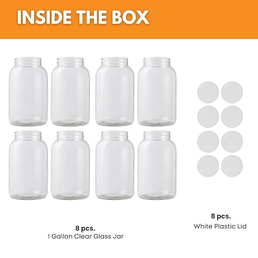 FastRack 1 Gallon Glass Jar with White Plastic Lid (8-Pack) | Wide Mouth Fermentation & Storage Jars | Food-Grade Glass for Kombucha, Pickling, Dry Goods & Bulk Food Storage