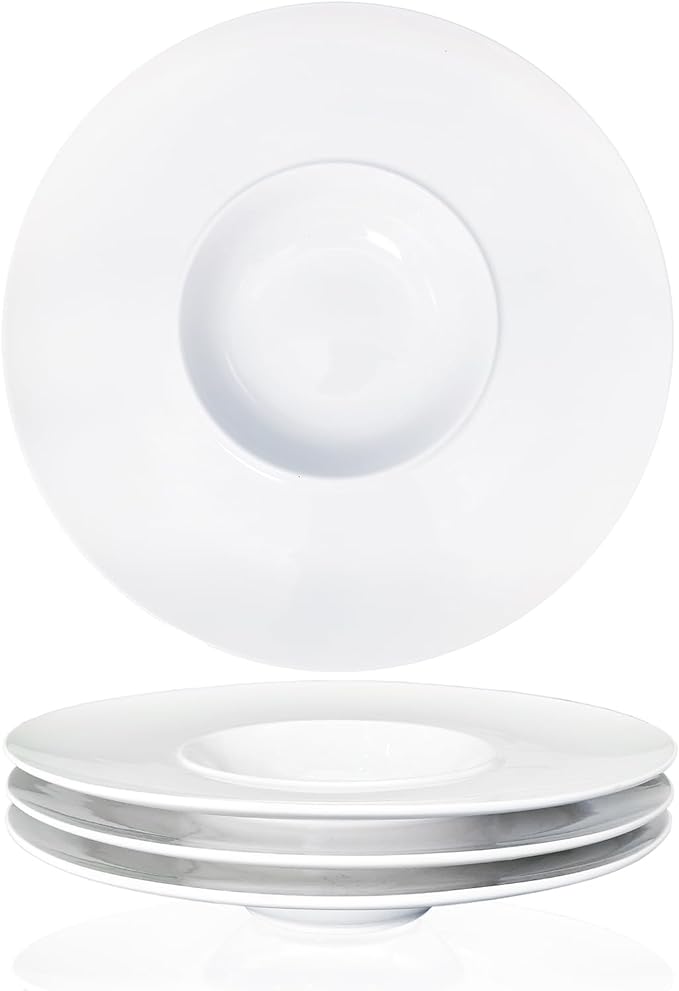 Ceramics Rimmed Soup Bowls 8.6 oz, White 11 inch Exquisite small soup plate Set of 4, Pasta plates With Rim is the best choice for hotels, kitchens, fine restaurants and gourmets
