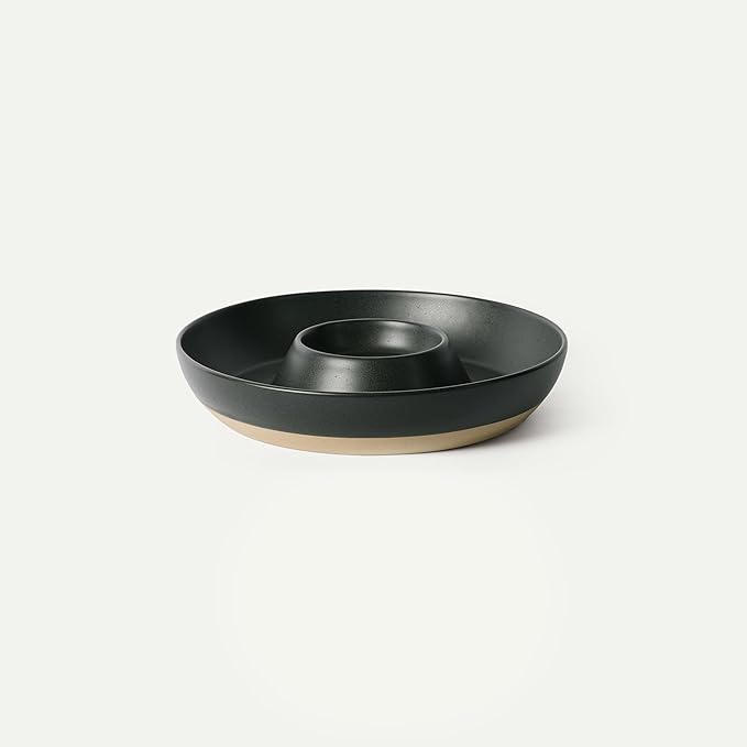 MORA Ceramic Chips and Dip Serving Tray: Large Divided Party Bowl Set for Chips & Salsa, Veggies & Dip, Fruit, Snacks, Entertaining, Hosting, etc. Minimalist Design for the Modern Hostess - Liquorice