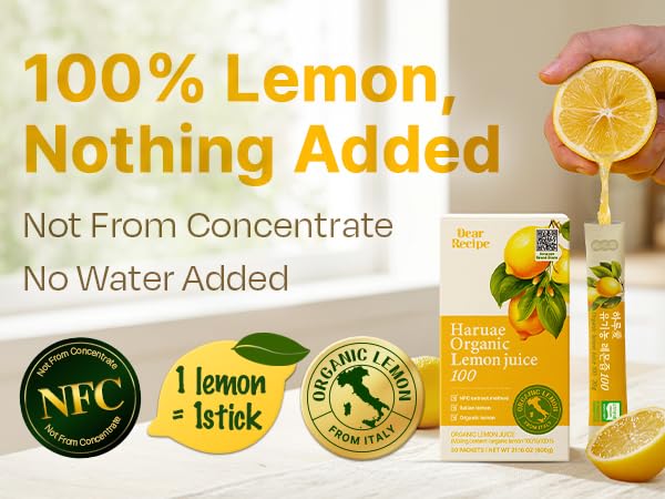 [30 Sticks] Organic 100% Pure NFC Whole Lemon Juice Sticks – 20g Each – Italian Lemon, Cold Pressed, Product of Korea, Non-GMO, No Sugar Added