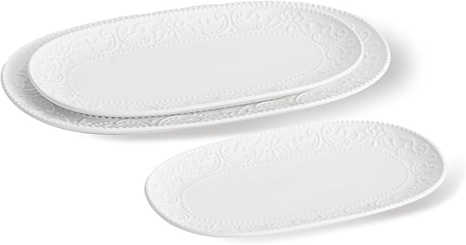 Oval Embossed Serving Platter Set, Stackable Serving Tray, Ceramics White Serving Platters for Entertaining, Serving Dishes for Wedding, Dishwasher & Oven Safe, Gift for Housewarming (3PCS)