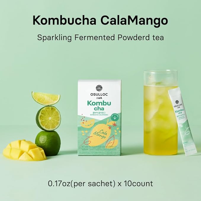 OSULLOC Kombucha Tea Calamango (Calamansi & Mango Blending), Sparkling Powdered Mix Beverage, No added sugar, 10 Sticks, 1.76oz