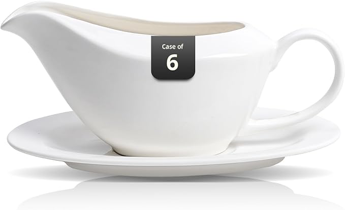 Bone China Wide Rim Commercial Grade Dinnerware Gravy Boat with Dish, Case of 6sets