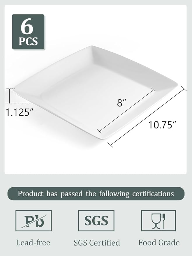 Porcelain Square Dinner Plates, 10.75 Inch Square Serving Plate for Steak, Pasta, Salad, Snacks, Pizza, Appetizer Plates, Set of 6, White