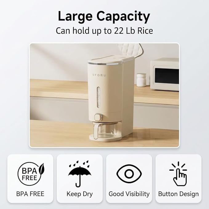 Rice Dispenser With Measuring Cup,Kitchen Grain Storage Container,Pantry&Home Dry Goods Storage Box (22-Pound)