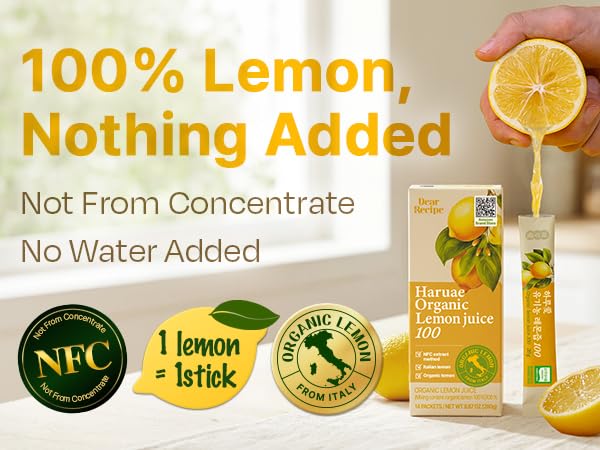 [14 Sticks] Organic 100% Pure NFC Whole Lemon Juice Sticks – 20g Each – Italian Lemon, Cold Pressed, Product of Korea, Non-GMO, No Sugar Added
