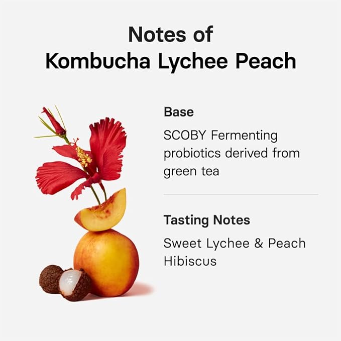 OSULLOC Kombucha Tea LycheePeach (Lychee & Peach Blending), Sparkling Powdered Mix Beverage, No added sugar, 10 Sticks, 1.76oz
