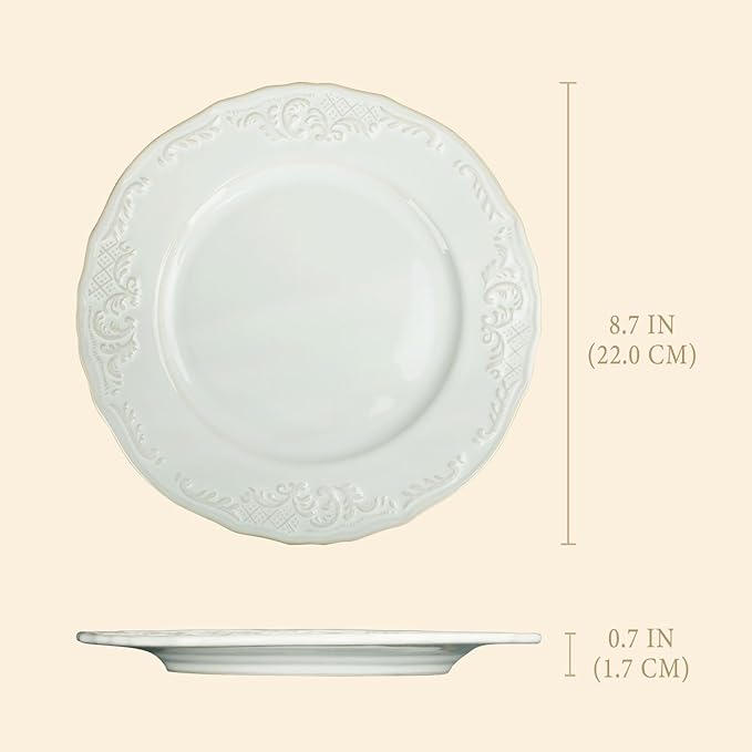 Ceramic dinner plate set (4 pieces), ceramic dinner plates, embossed salad plates, kitchen porcelain tableware, microwave/oven/dishwasher safe, scratch resistant. (off-white1)