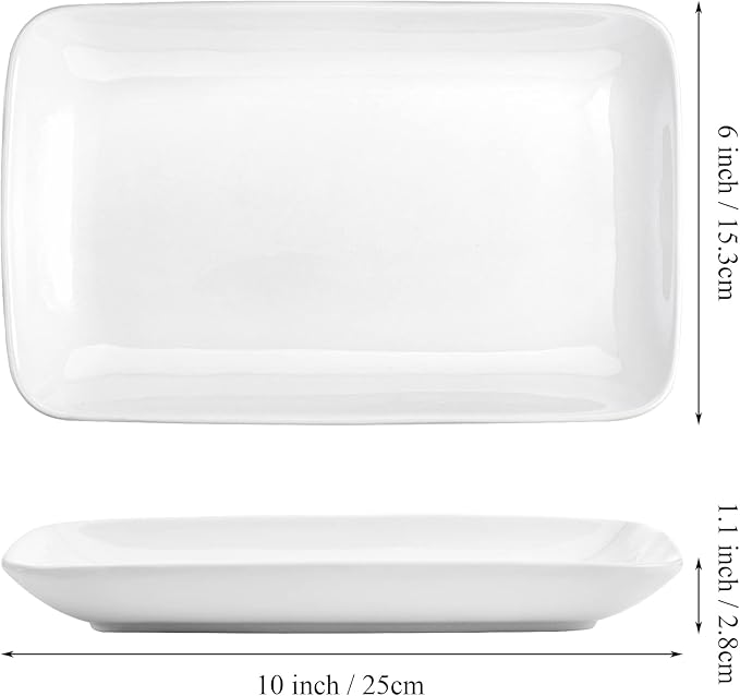 Foraineam Rectangular Salad Plates, 10 Inch White Porcelain Dessert Appetizer Plates Set, Dishwasher and Oven Safe Serving Platters for Sushi, Pasta, Fruit, Set of 6