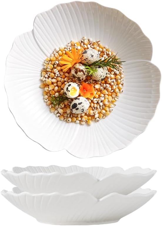 CLAY TONIC Set of 3-10 Inch Japanese Style Flower Petal Shaped Porcelain Round Dinner Plates, Versatile Circular Serving Plates for Pasta, Salad, Steak Dinner (White, 10 Inches)