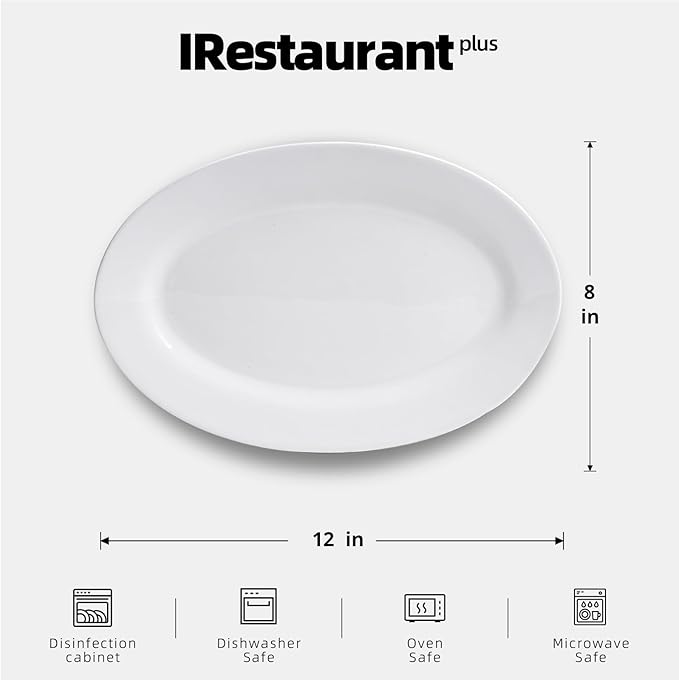 Wide Rim Bone China Commercial Grade Restaurant Plate, Elegance White Oval Platter 12" x 8", Case of 6