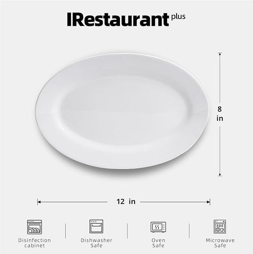 Wide Rim Bone China Commercial Grade Restaurant Plate, Elegance White Oval Platter 12" x 8", Case of 6