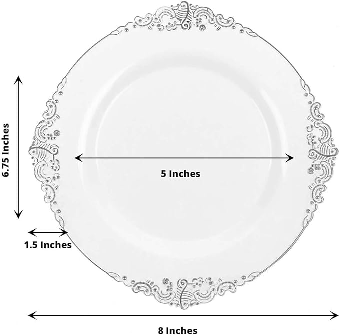 Efavormart 10 Pack | 8" White and Silver Baroque Dessert Plates, Leaf Embossed Metallic Rim Heavy Duty Appetizer Plates for Formal Tea Parties