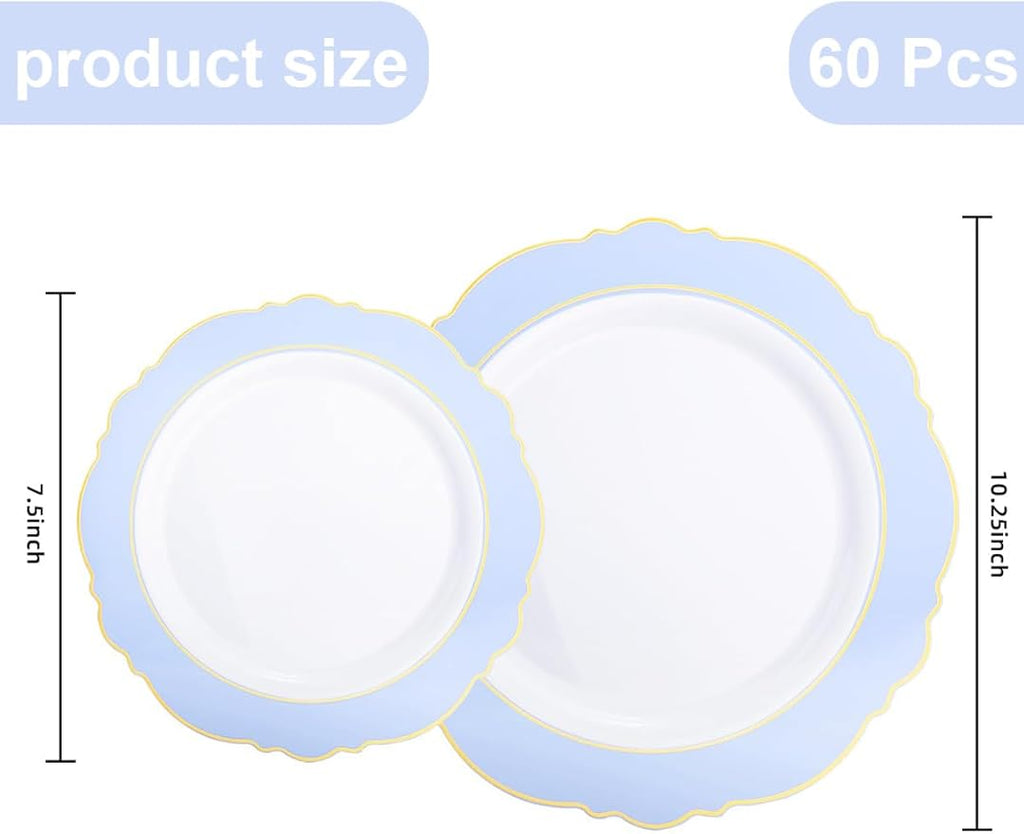 WDF 60pcs Blue Plates Disposable With Gold Rim - Baroque Baby Blue Plastic Party Plates for Wedding/Party/Baby Shower/Spring