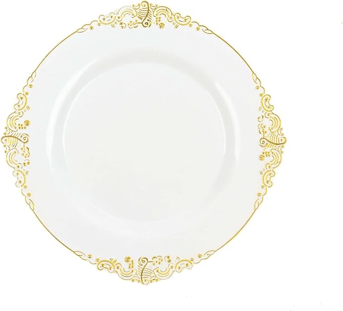 Efavormart 10 Pack | 8" White and Gold Baroque Dessert Plates, Leaf Embossed Metallic Rim Heavy Duty Appetizer Plates for Traditional Bridal Showers