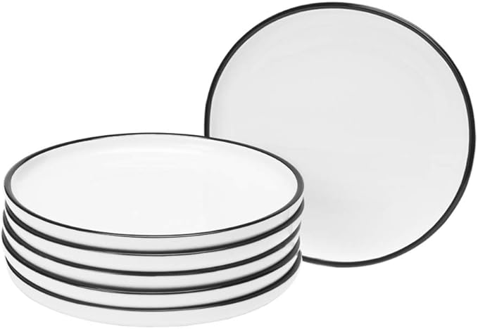 6-inch Small Porcelain Appetizer Plates, White with Black Edges Dinner Side Dishes Serving Plate, Dessert, Salad, Snacks Plate, Set of 6