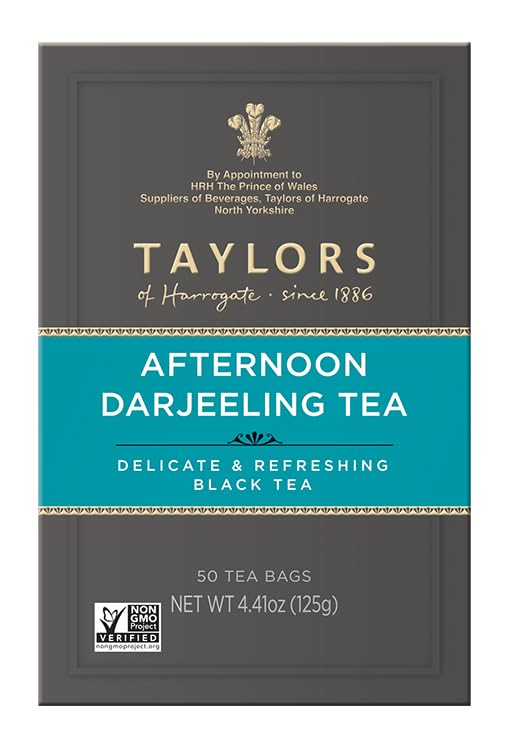Taylors of Harrogate Afternoon Darjeeling, Black Tea, Pillow Bags 50 Count (Pack of 6), Delicate, Sweet & Floral, Caffeinated, Enjoy Hot or Iced, 300 Teabags Total
