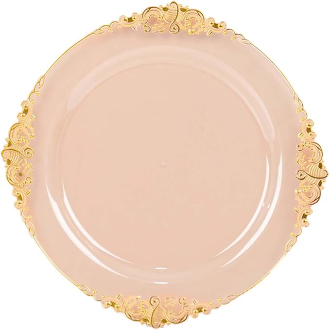 Efavormart 10 Pack | 8" Translucent Blush and Gold Baroque Dessert Plates, Leaf Embossed Metallic Rim Shatterproof Appetizer Plates for Spring Showers