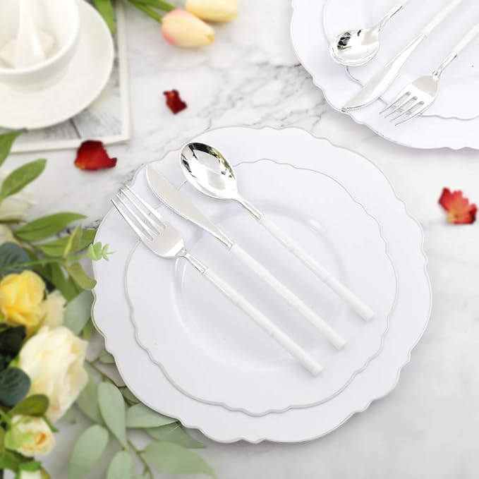 WDF 60pcs Silver Plastic Plates-Baroque White &Silver Plates for Upscale Parties &Wedding-including 30Plastic Dinner Plate 10.25inch, 30 Salad Plate 7.5inch for Baby/Shower/Wedding/Independence Day